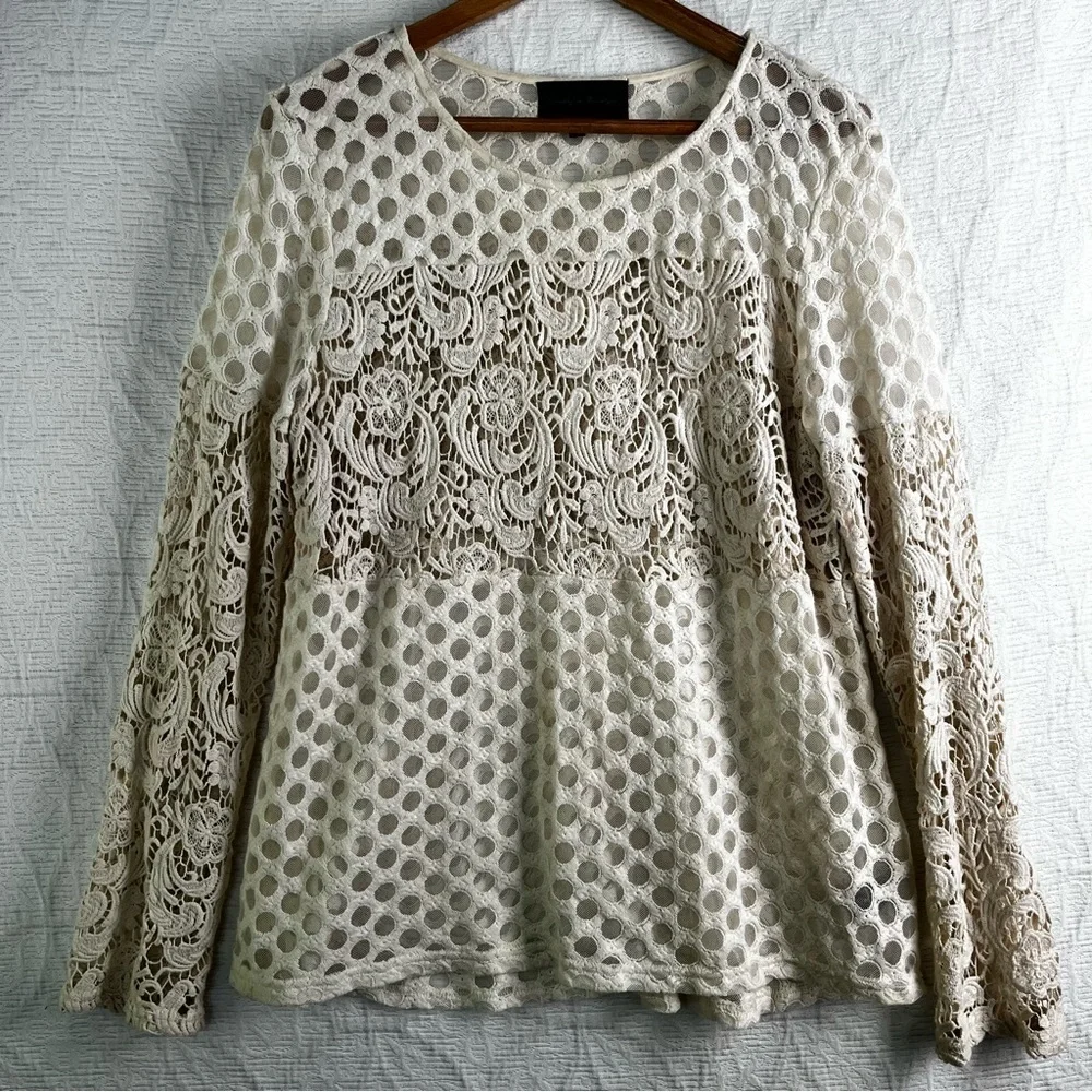 Sunday in Brooklyn Tunic Top Womens Large Crochet Cotton Sheer Lace Cream Shirt